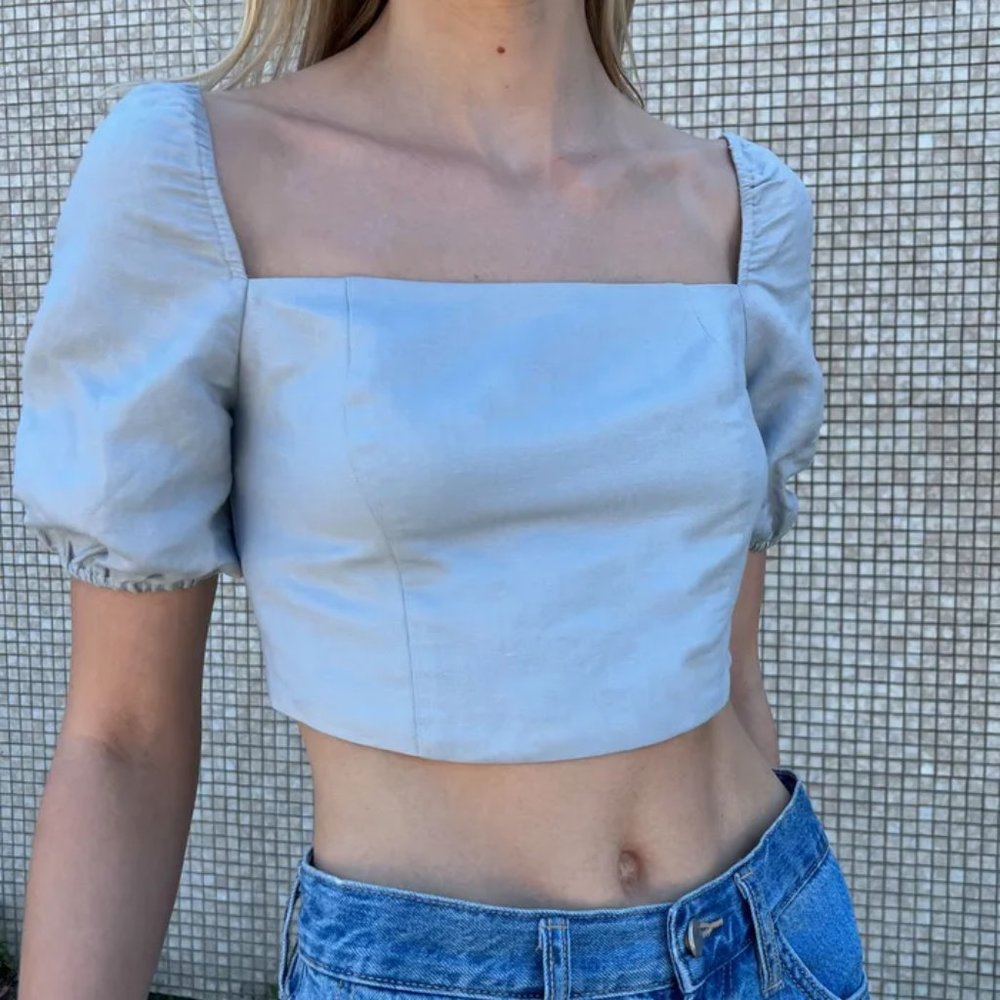 Linen Blend Puff Sleeve Blouse